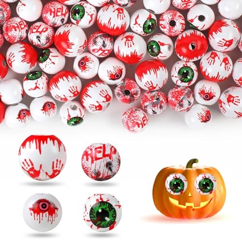 Halloween Holzperlen Set - 80 Stück, Halloween Blut Holzperlen mit Loch, 20mm und 16mm Natürliche Holzkugeln für DIY Basteln und Halloween Deko von Hopton