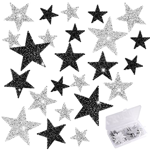 Sterne zum Aufbügeln, 24 Stück Glitzersteine Aufbügeln, Strass Stern Patches, Glitzer Applikation Bügelbilder für Textilien,T-Shirt,Bügelflicken Kinder Erwachsene,Silber/Schwarz (4cm/6cm/8cm) von Hopton