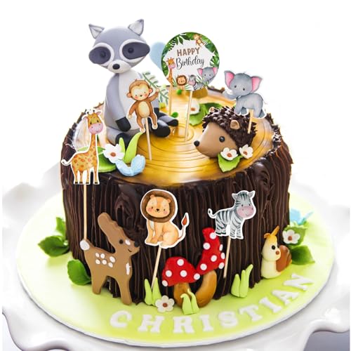 Tortendeko Geburtstag, 24 Stück Happy Birthday Tortendeko Tiere, Tortendeko Einschulung, Jungle Safari Animal Cake Topper Geburtstag, Kuchen Deko Geburtstag Muffin Deko Für Schulkind Kinder Party von Hopton