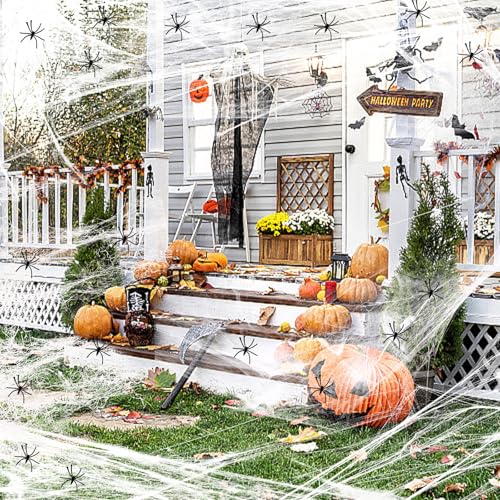 Spinnennetz Halloween, Halloween Deko Spinnennetz mit Realistisch Spinnen, Spinnenweben Deko Innen, Spider Web, Spinnennetz Outdoor für Tischdekoration, Außen, Garten, Spukhaus, Horrorparty -100g von Hopton