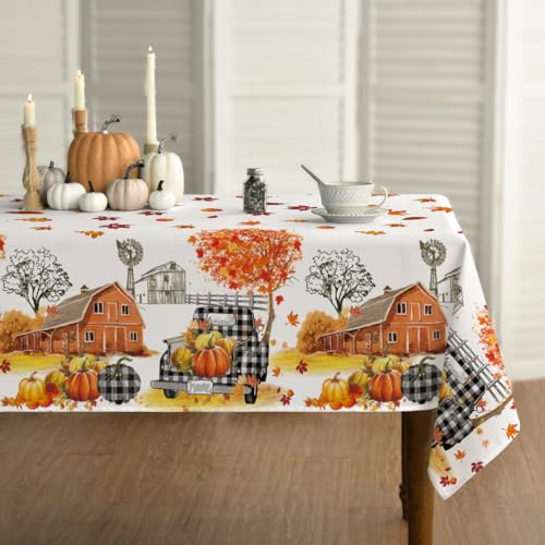 Horaldaily Herbst Tischwäsche 140x110 cm Rechteckig, Erntedankfest Herbsternte LKW Haus Schwarze Karierte Tischdecke für Party Picknick Abendessen Dekor von Horaldaily