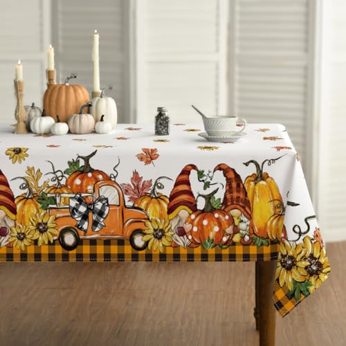 Horaldaily Herbst Tischwäsche 140x110 cm Rechteckig, Erntedankfest Herbsternte Orange Kürbis LKW Zwerge Plaid Tischdecke für Party Picknick Abendessen Dekor von Horaldaily