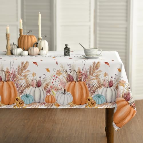 Horaldaily Herbst Tischwäsche 140x110 cm Rechteckig, Erntedankfest Herbsternte Orange Kürbis Weizenohr Tischdecke für Party Picknick Abendessen Dekor von Horaldaily