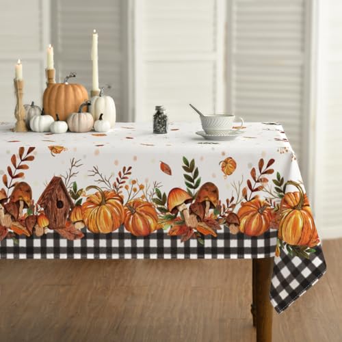 Horaldaily Herbst Tischwäsche 140x160 cm Rechteckig, Erntedankfest Herbsternte Kürbis Schwarze Karierte Tischdecke für Party Picknick Abendessen Dekor von Horaldaily