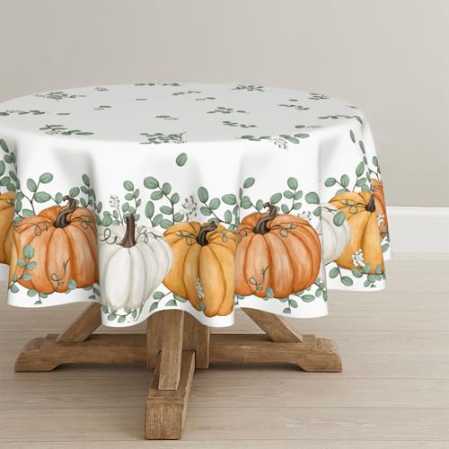 Horaldaily Herbst Tischwäsche 150x150 cm Rund, Erntedankfest Herbsternte Orange Kürbis Eukalyptus Tischdecke für Party Picknick Abendessen Dekor von Horaldaily