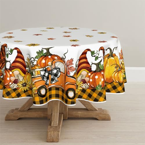 Horaldaily Herbst Tischwäsche 150x150 cm Rund, Erntedankfest Herbsternte Orange Kürbis LKW Zwerge Plaid Tischdecke für Party Picknick Abendessen Dekor von Horaldaily