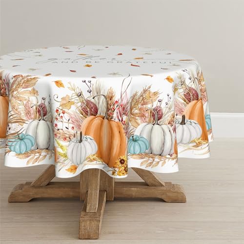 Horaldaily Herbst Tischwäsche 150x150 cm Rund, Erntedankfest Herbsternte Orange Kürbis Weizenohr Tischdecke für Party Picknick Abendessen Dekor von Horaldaily