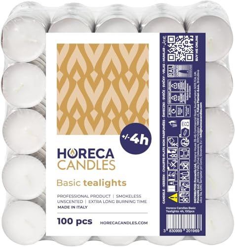 Horeca Candles - Teelichter mit 4 Stunden Brenndauer - 100 Stück, Weiß - Ohne Duft - Paraffinwachs - Hochzeit, Dekorieren, Feiern, Entspannen, Party von HORECA CANDLES