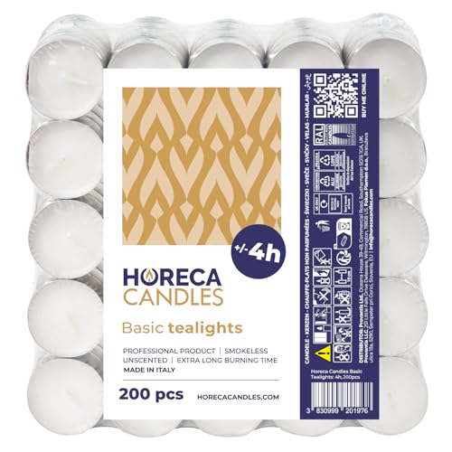 Horeca Candles - Teelichter mit 4 Stunden Brenndauer - 200 Stück, Weiß - Ohne Duft - Paraffinwachs - Hochzeit, Dekorieren, Feiern, Entspannen, Party von Horeca Candles