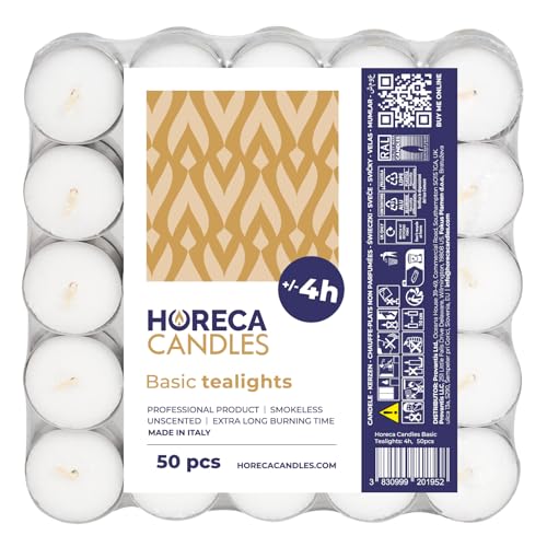 Horeca Candles - Teelichter mit 4 Stunden Brenndauer - 50 Stück, Weiß - Ohne Duft - Paraffinwachs - Hochzeit, Dekorieren, Feiern, Entspannen, Party von Horeca Candles