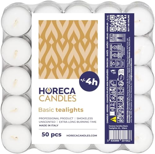 Horeca Candles - Teelichter mit 4 Stunden Brenndauer - 50 Stück, Weiß - Ohne Duft - Paraffinwachs - Hochzeit, Dekorieren, Feiern, Entspannen, Party von HORECA CANDLES