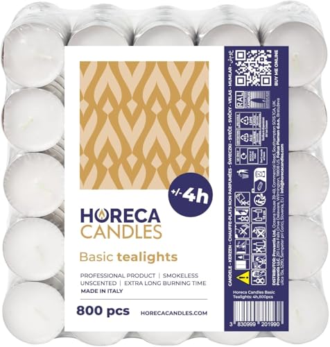 Horeca Candles - Teelichter mit 4 Stunden Brenndauer - 800 Stück, Weiß - Ohne Duft - Paraffinwachs - Hochzeit, Dekorieren, Feiern, Entspannen, Party von Horeca Candles