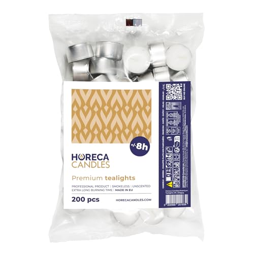 Horeca Candles - Teelichter mit 8 Stunden Brenndauer - 200 Stück - Weiß Paraffinwachs - Ohne Duft - Kerzen zum Feiern, Deko, Hochzeit, Entspannen, Party von Horeca Candles