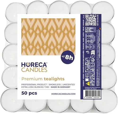 Horeca Candles - Teelichter mit 8 Stunden Brenndauer - 50 Stück, Weiß - Ohne Duft - Paraffinwachs - Hochzeit, Dekorieren, Feiern, Entspannen, Party von Horeca Candles