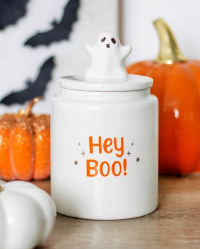 Horror-Shop „Hey Boo“ Weißer Halloween Vorratsbehälter aus Keramik 17 cm von Horror-Shop