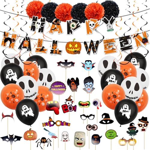 Halloween-Deko-Set, 62 Stück Halloween-Party-Deko-Set, Happy Halloween Luftballons Banner, Foto Requisiten, Latexballons, Halloween Papier Blume Ball, Party, Dekorationsartikel für Zuhause von Horuili