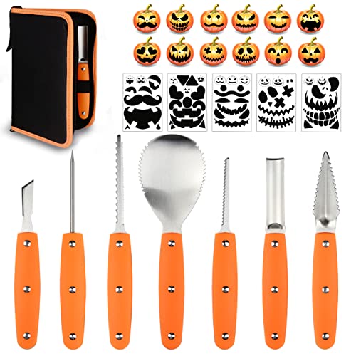 Hoshin Halloween Kürbis Schnitzset, Professionelle Hochleistungs-Edelstahlwerkzeuge mit Tragetasche (7-teiliges Set und 12-teiligen Carving-Schablonen-Schwarz) von Hoshin