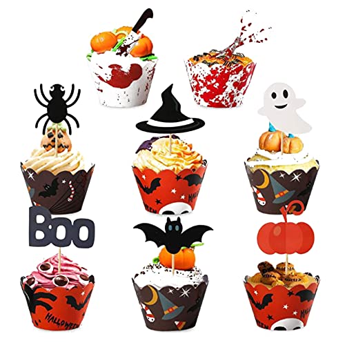 48 Stück Cupcake Toppers, Zahnstocher Cake Topper, Halloween Cupcake Wrappers, Halloween Cupcake Wrapper Dekoration, Geeignet für Kuchen, Muffins, Desserts, Halloween-Mottopartys von Hoshisea