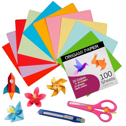 Origami-Papier – 100 Blatt – 10 Farben – 2,75 Zoll quadratisches Farbpapier für DIY-Dekoration, Bastelpapier, Scrapbook-Deko, Faltkunstwerke (inklusive Sicherheitsschere und Universalmesser) von Hosifiy