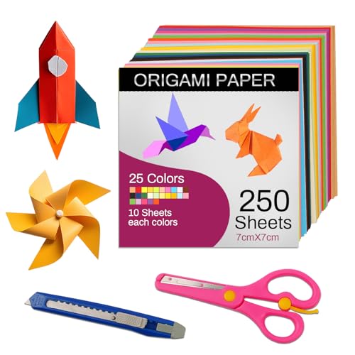 Origami-Papier – 250 Blatt – 25 Farben – 2,75 Zoll quadratisches Farbpapier für DIY-Dekoration, Bastelpapier, Scrapbook-Deko, Faltkunstwerke (inklusive Sicherheitsschere und Universalmesser) von Hosifiy