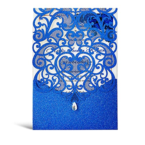 Hosmsua 20x Blau Glitzer Hochzeit EinladungsKarten Lasercut Rose Spitze Wasserdiamant Hochzeitseinladungen Karten für Brautparty, Verlobung, Geburtstag Einladung, 20 Stück inkl Umschläge von Hosmsua