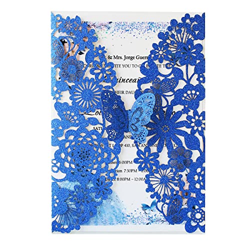 Hosmsua 20x Blau Glitzer Laserschnitt Spitze Flora Hochzeit Einladungskarten mit Schmetterling und Umschläge für Geburtstag Bridal Shower Verlobung Geburtstag Hochzeitseinladungen (20 Stück) von Hosmsua