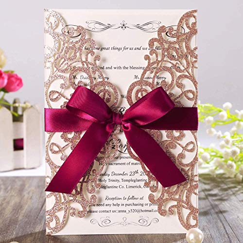 Hosmsua 50x Roségold Glitzer Laserschnitt Spitze Flora Hochzeit Einladungskarten mit Schmetterling und Umschläge für Geburtstag Verlobung Geburtstag Hochzeitseinladungen, Personalisierter Druck von Hosmsua