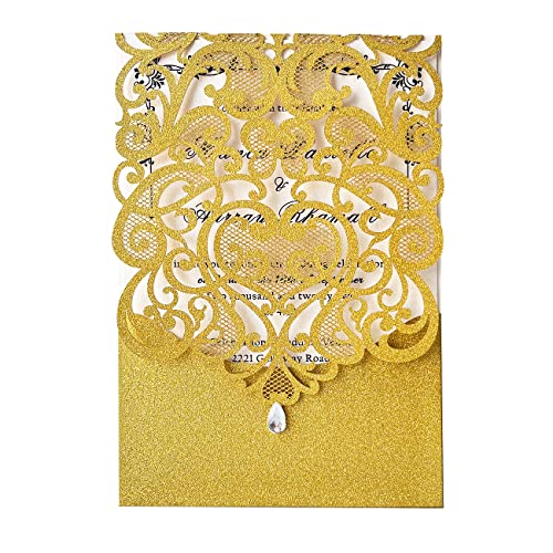 Hosmsua Hochzeitseinladungskarten, lasergeschnitten, hohles Herz, Blumeneinladungen mit Strass, für Verlobung, Hochzeit, Einladung, 50 Stück (Gold-Glitzer) von Hosmsua