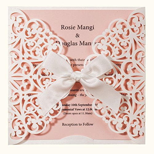 Hosmsua 20x Hochzeits Einladungskarten Für Geburtstag Taufe Weiß & Rosa Blumen Lasercut Design Mit Seidenband Schleife Set inkl Umschläge und Aufkleber (20Stück) von Hosmsua