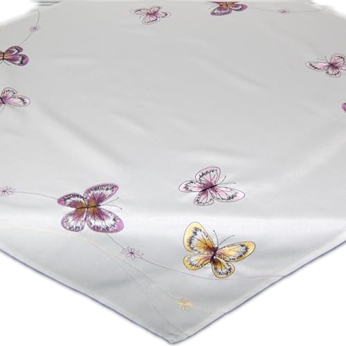 Hossner Tischdecke 85x85 cm Weiß Schmetterlinge Lila Gelb gestickt Zierdecke Sommerdecke Butterfly Kaffeedecke Farfalla von Hossner