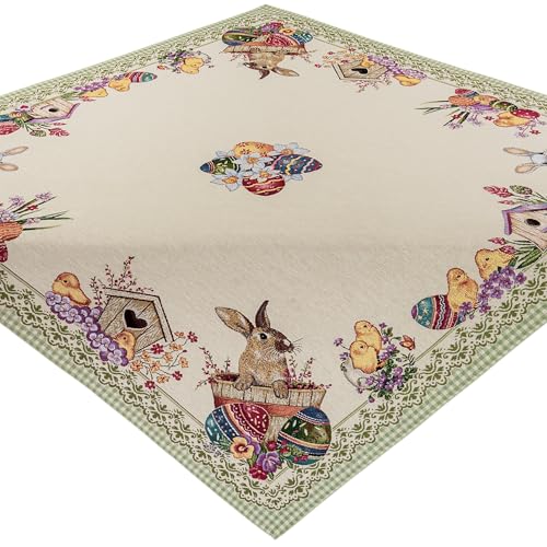 Hossner Tischdecke Ostern 100x100 Peeps Gobelin Mitteldecke Decke Ostertischdecke Beige Grün Bunt Osterdekoration Gewebt von Hossner