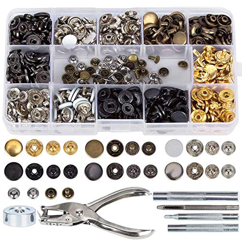 Hossom Druckknopf Set 140 Sets 6 Farben Kupfer Druckknöpfe Metall Bronze Kleidung Snaps Taste mit Zange Fixierwerkzeug Kit, Druckknopf für Leder Handwerk Handtasche Brieftasche Jacke von Hossom