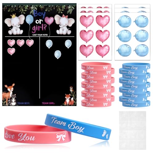 Hossom 69PCS Gender Reveal Party Deko Geschlecht Verkünden Geschlechtsverkündung mit Abstimmung Poster Stickers Team Girl or Boy Armbänder Spiele Mitgebsel für Enthüllung Party Baby Shower Babyparty von Hossom