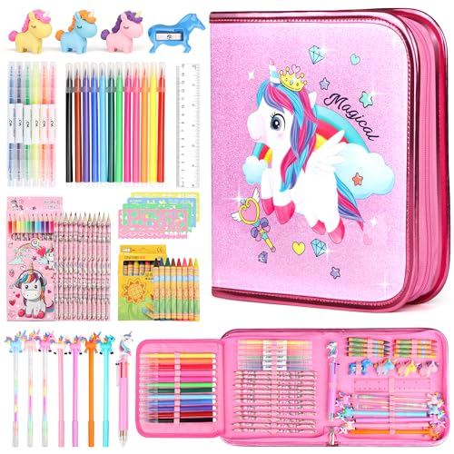 Hot Bee Filzstifte Glitzerstifte Mädchen, 56 PCS Einhorn Geschenke für Mädchen 4 5 6 7 Jahre, Spielzeug ab 4-7 Jahre Mädchen, Pferde Mädchen Geschenk von Hot Bee