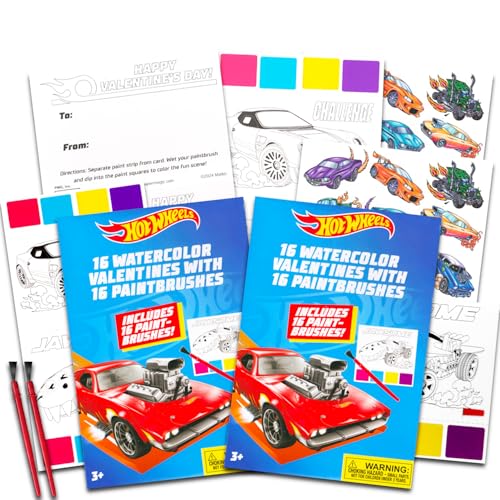 Hot Wheels Valentinstagsparty-Gastgeschenke für Jungen und Mädchen – 32 Aquarell-Hot Wheels Valentinstagskarten mit Pinsel für Kinder plus temporäre Tattoos | Hot Wheels Valentinskarten für von Hot Wheels