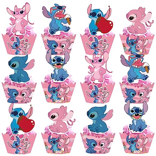 HotcoS Pink Stitch Cake Cupcake and Wrappers Paper Wraps Decoration Supplies Stitch Cupcake Topper for Kids Birthday Party (Pink) von HotcoS