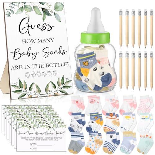 Hoteam Baby Shower Games Guess How Many Baby Socks Wooden Game Sign 100 Pieces Cards 15 Pairs Baby Socks 10 HB Pencils 1000ml Milk Bottle Gender Reveal Party for Boy or Girl Newborns (Green Leaves) von Hoteam