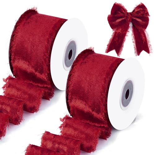 Hotop 12 Yards ausgefranstes Samtband, Burgunderrot, 3,8 cm, Weihnachten, roher Rand, Seidensamtband, breit, handgefertigt, Fransenstoffband für Weihnachtskranz, Geschenkverpackung, Schleife, Basteln, von Hotop