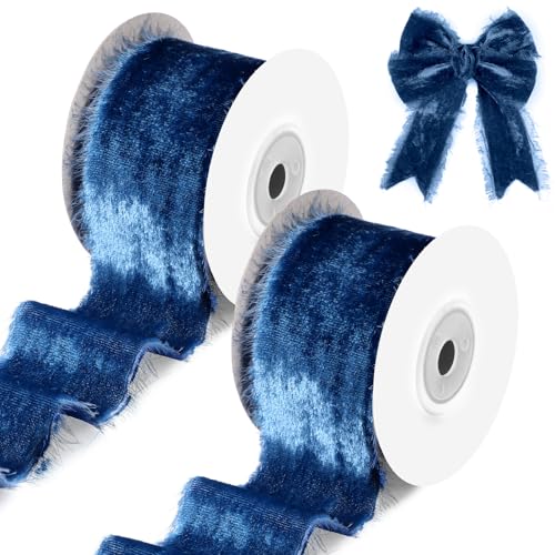 Hotop 12 Yards ausgefranstes Samtband, blau, 3,8 cm, Weihnachten, roher Rand, Seidensamtband, breit, handgefertigt, Fransenstoffband für Weihnachtskranz, Geschenkverpackung, Schleifenherstellung, von Hotop