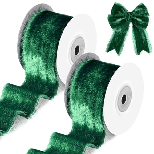 Hotop 12 Yards ausgefranstes Samtband, grün, 3,8 cm, Weihnachten, roher Rand, Seidensamtband, breit, handgefertigt, Fransenstoffband für Weihnachtskranz, Geschenkverpackung, Schleifenherstellung, von Hotop