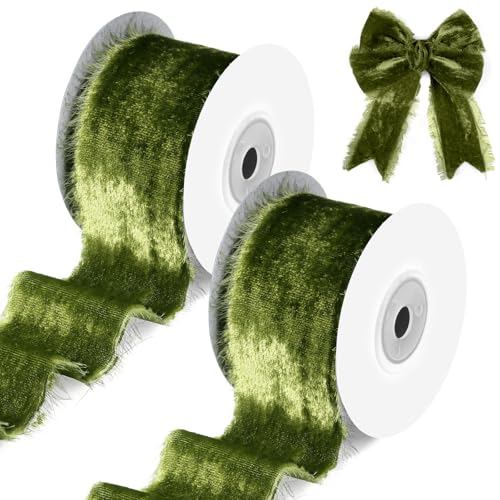 Hotop 12 Yards ausgefranstes Samtband, olivgrün, 3,8 cm, Weihnachten, roher Rand, Seidensamtband, breit, handgefertigt, Fransenstoffband für Weihnachtskranz, Geschenkverpackung, Schleife, Basteln, von Hotop