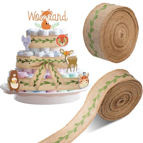 Hotop Juteband für Windelkuchen, grünes Blatt, Waldmotiv, Kuchenband für Dschungel, Babyparty, Party, Kuchenverpackung, Dekorationen, 20 m von Hotop