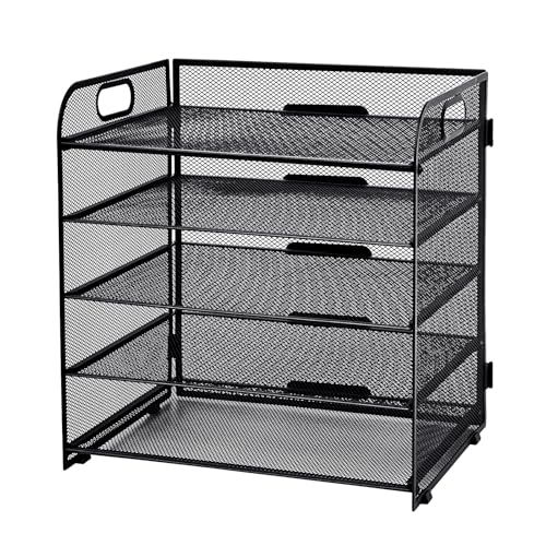 Hotyin Schreibtisch Organizer, 5 Tier Papier Organizer, Briefablage - Netz Aktenregale mit Griff, Schreibtisch Organizer mit Aktenhalter, für A4 Aktenordner, Schwarz von Hotyin