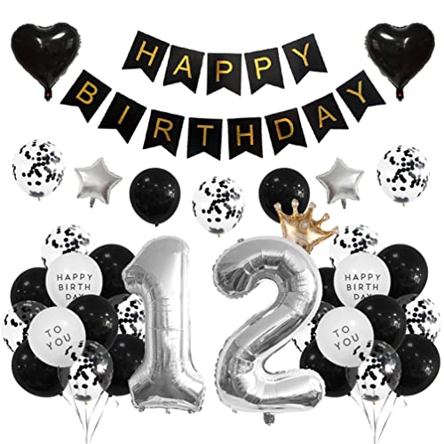 Houhounb 12 Geburtstag Deko 12 Party Luftballons Happy Birthday Banner Latex Ballon Ballon für Deko Junge Mädchen Geburtstag, Schwarz und Silber von Houhounb