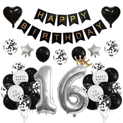 Houhounb 16 Geburtstag Deko 16 Party Luftballons Happy Birthday Banner Latex Ballon Ballon für Deko Junge Mädchen Geburtstag, Schwarz und Silber von Houhounb