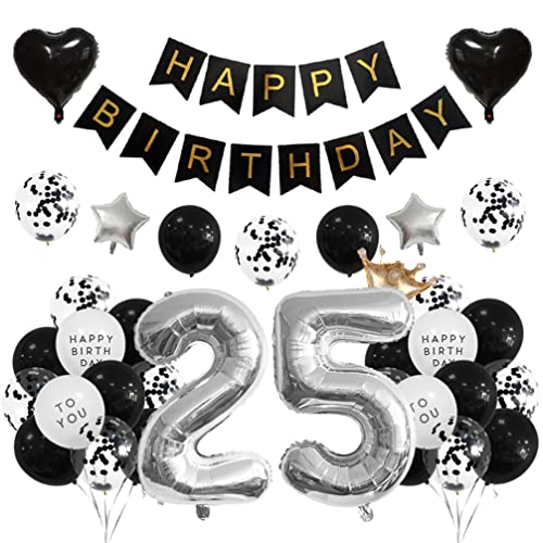 Houhounb 25 Geburtstag Deko 25 Party Luftballons Happy Birthday Banner Latex Ballon für Dekoration Junge Mädchen Geburtstag, Schwarz und Silber von Houhounb