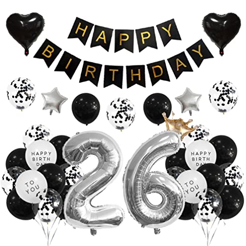 Houhounb 26 Geburtstag Deko 26 Party Luftballons Happy Birthday Banner Latex Ballon für Dekoration Junge Mädchen Geburtstag, Schwarz und Silber von Houhounb