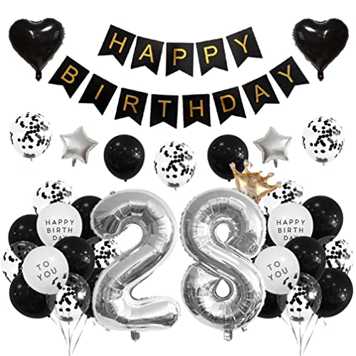 Houhounb 28 Geburtstag Deko 28 Party Luftballons Happy Birthday Banner Latex Ballon für Dekoration Junge Mädchen Geburtstag, Schwarz und Silber von Houhounb