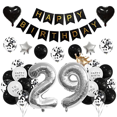 Houhounb 29 Geburtstag Deko 29 Party Luftballons Happy Birthday Banner Latex Ballon Ballon für Deko Junge Mädchen Geburtstag, Schwarz und Silber von Houhounb