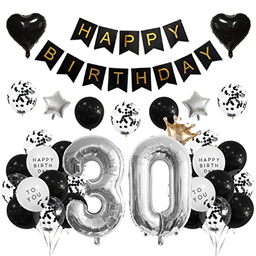 Houhounb 30 Geburtstag Deko 30 Party Luftballons Happy Birthday Banner Latex Ballon Ballon für Deko Junge Mädchen Geburtstag, Schwarz und Silber von Houhounb